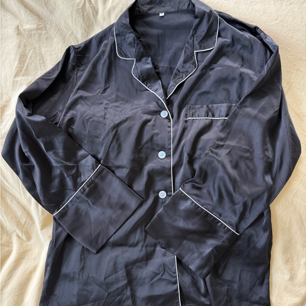 Women's Black Satin Pajama Set - Picture 2 of 3